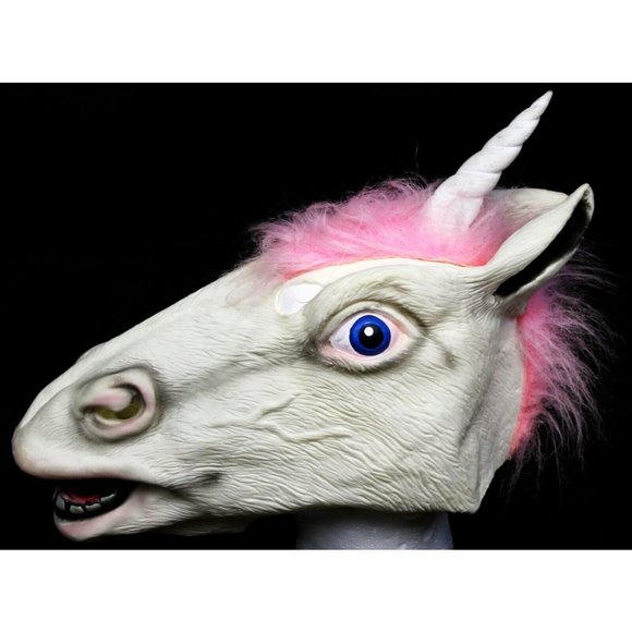 White Unicorn Horse Full Face Mask Cosplay Rubber Creepy Halloween Costume Pink - Picture 5 of 11